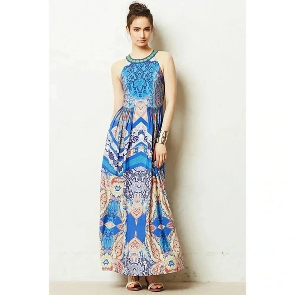 585 Anthropologie Ranna Gill Blue Boeh Maxi Dress Beaded Pleated Size 2 - Picture 1 of 8